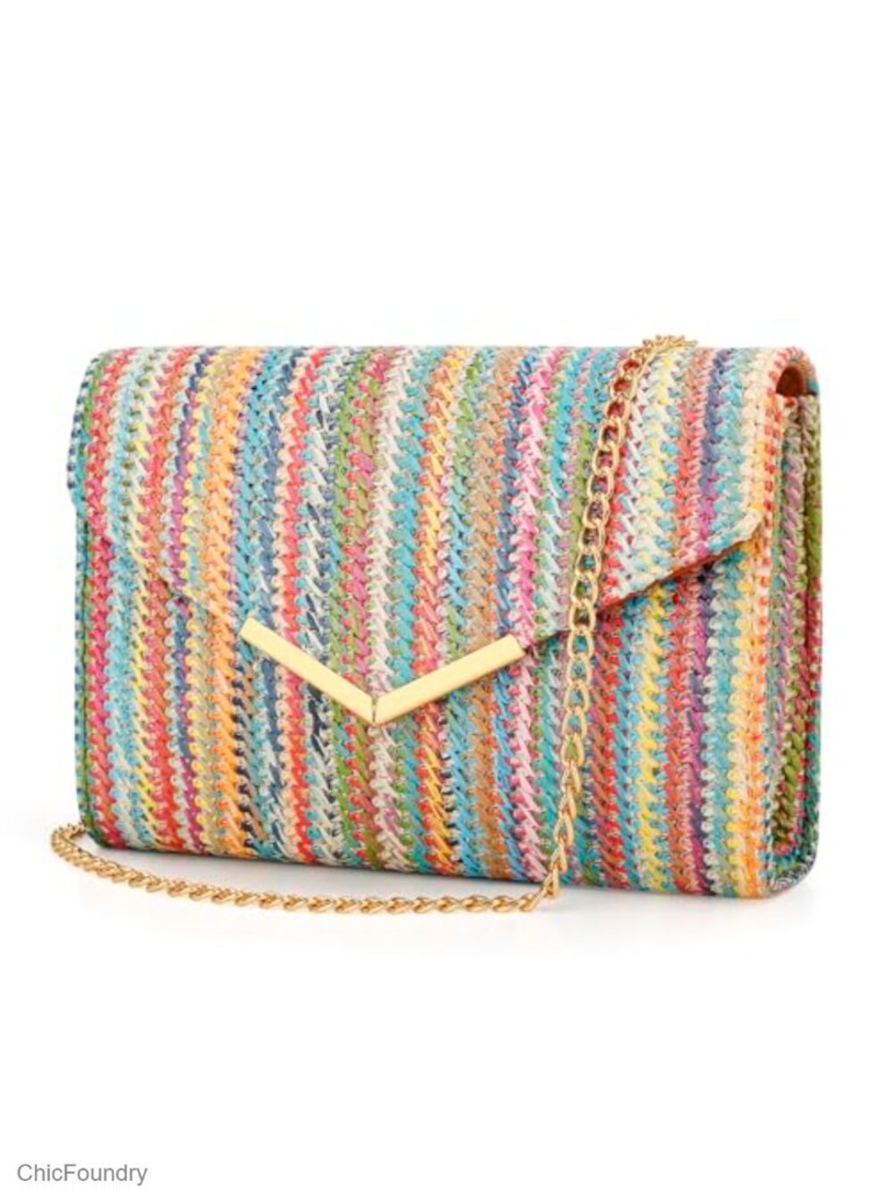 Straw Envelope Clutch with Detachable Gold Chain Strap